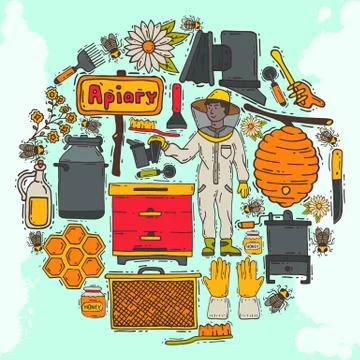 Beekeeping round pattern, apiary vector illustration. Online beekeeping courses 스톡 일러스트