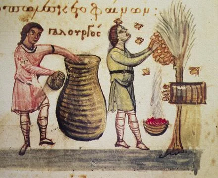 Beekeeping scene at medieval codex Stock Photos