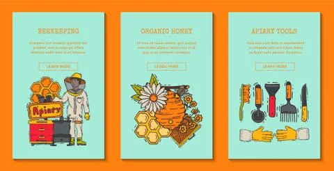 Beekeeping set of banners, apiary and beekeeper in protective suit vector Stock-Illustration