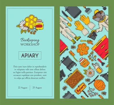 Beekeeping set of banners, apiary vector illustration. Beekeeping tools, man in 스톡 일러스트