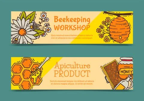 Beekeeping set of banners, apiary vector illustration. Beekeeping workshop and Ilustração Stock