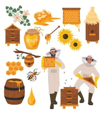 Beekeeping set, flat vector illustration. Healthy natural food. Beekeeping farm. Stock Illustration