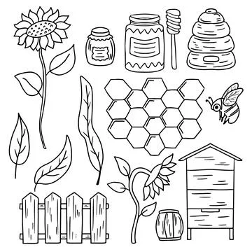 Beekeeping set in hand drawn doodle style. Beehive, glass jar for honey, sunf Stock Illustration