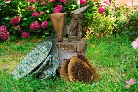 Beekeeping theme with smoker, wax frames and protective hat	 Foto stock