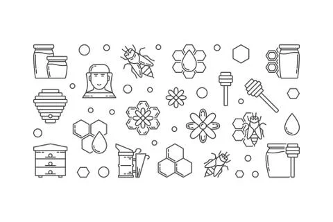 Beekeeping vector outline horizontal illustration or banner Stock Illustration