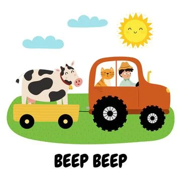 Beep beep print with cute boy and cat on a tractor carrying a cow. Summer green Stock Illustration