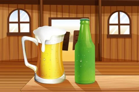 A beer and a bottle of softdrink at the table Stock Illustration