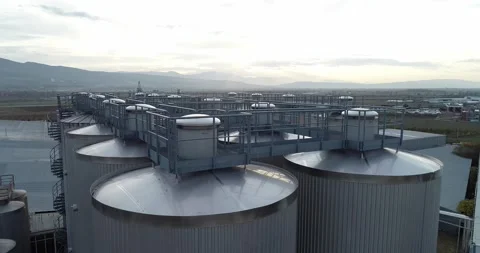 Beer and drinks factory, Juice and limonade factory. Manufacturing. Barrels Stock Footage 172052275