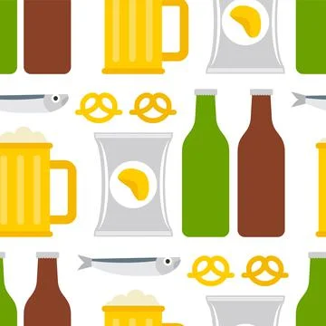 Beer and snacks pattern seamless. Fish and chips and a mug of beer background Stock Illustration