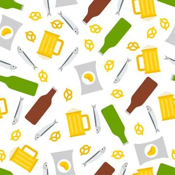 Beer and snacks pattern seamless. Fish and chips and a mug of beer background Stock Illustration