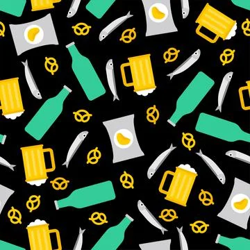 Beer and snacks pattern seamless. Fish and chips and a mug of beer background Stock Illustration