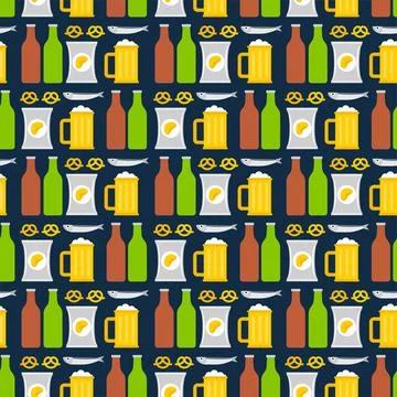 Beer and snacks pattern seamless. Fish and chips and a mug of beer background Stock Illustration
