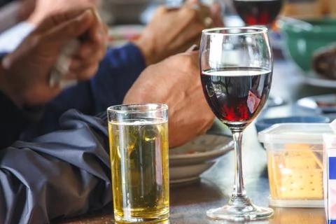 Beer and wine on the table Stock Photos