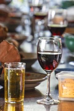 Beer and wine on the table Stock Photos