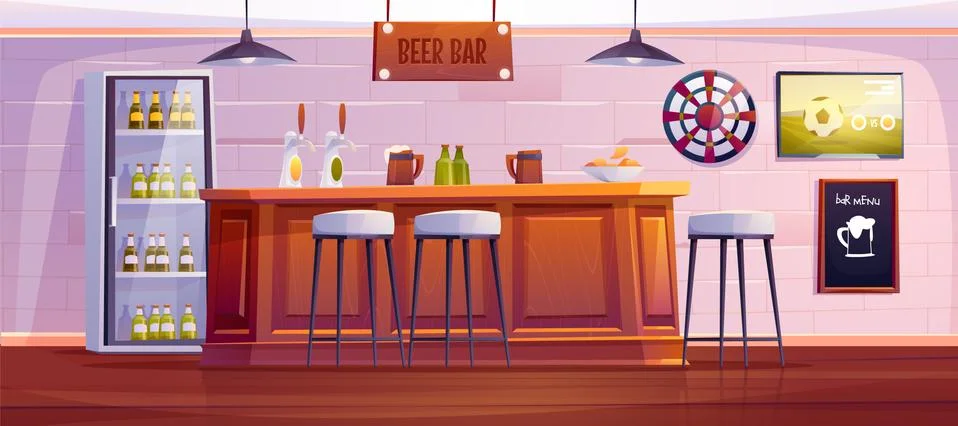 Beer bar or pub, empty interior with wooden desk Иллюстрация