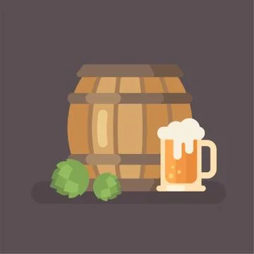 Beer barrel, hop and beer mug. Oktoberfest beer festival flat illustration Illustrazione stock