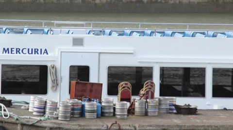 Beer barrows waiting to be loaded on a ship on the thames Stock Footage 35803808