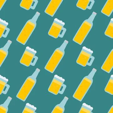 Beer bottle and mug pattern on green background Stock Illustration