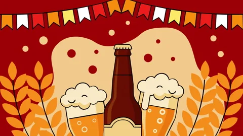 Beer Bottle and Two Foamy Glasses with Festive Banner Background Video stock 331729017