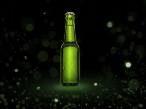 Beer bottle on black background with abstract lights. 3d render Stock Illustration