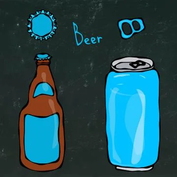 Beer Bottle, Can, Cap and Key. Isolated on a Black Chalkboard Background Stock Illustration