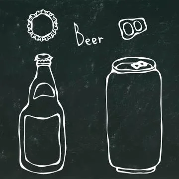 Beer Bottle, Can, Cap and Key. Isolated on a Black Chalkboard Background Stock Illustration