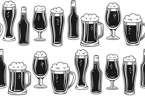 Beer bottle glass seamless pattern engraved monochrome retro mug glass bottle Stock Illustration