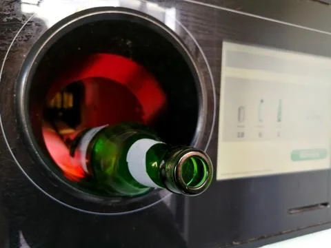 Beer bottle inserted in the automatic reverse vending machine for recycling Stock Photos