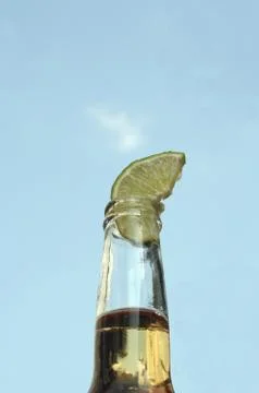 Beer bottle with lime Stock Photos