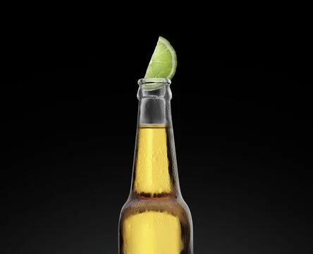 Beer bottle with lime slice and frost on black background. 3d render Stock Illustration