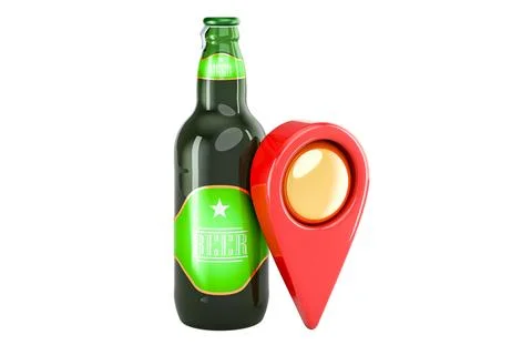 Beer bottle with map pointer, 3D rendering 스톡 일러스트