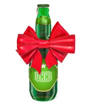 Beer bottle with red bow, 3D rendering Stock Illustration