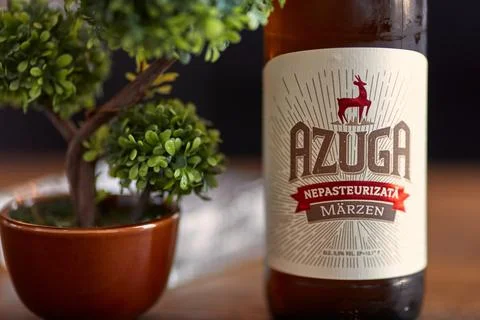 Beer bottle on table, Azuga unpasteurized Stock Photos