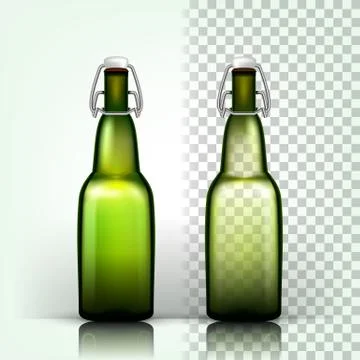 Beer Bottle Vector. Empty Glass For Craft Beer. Mockup Blank Template. Green. 3D Stock Illustration