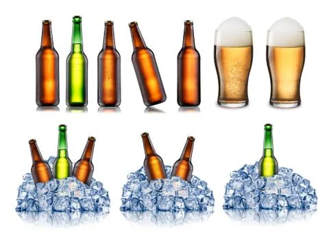 Beer bottles and glasses set Stock Photos