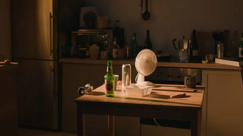 Beer Bottles with Electric Fan on Table Depicting Alcohol Abuse Stock Footage 344873407