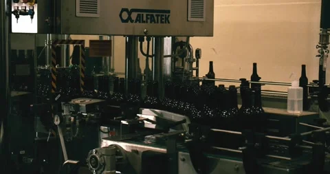 Beer bottles enter bottling machine and exit sealed in Berlin brewery Stock Footage 335143562