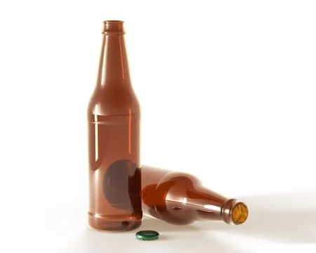 Beer bottles front view and lying down 3D render. Blank brown glass flasks with Illustrazione stock