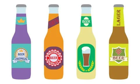Beer bottles set with label isolated on white background. Colorful vector icon Stock Illustration