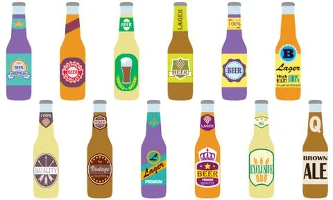 Beer bottles set with label isolated on white background.  Stock Illustration