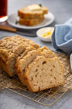 Beer bread on a cooling rack sliced and ready to eat 스톡 사진