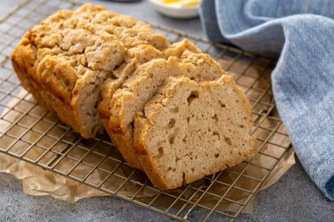Beer bread on a cooling rack sliced and ready to eat 스톡 사진