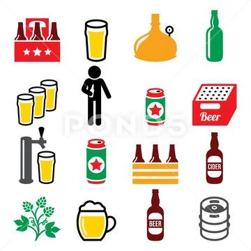 Beer, brewery, drinking alcohol in pub vector icons set Stock Illustration