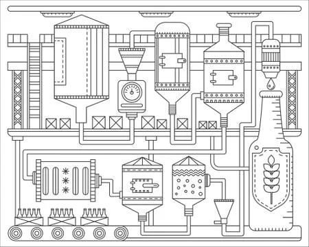 Beer Brewery production process. Line factory beer background. Outline stroke Illustrazione stock