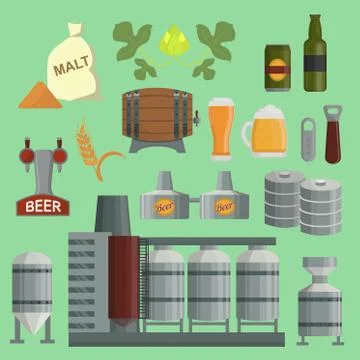 Beer brewing process factory flat style beer production keg, hops, plant opener Stock Illustration