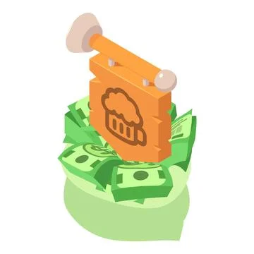 Beer business icon isometric vector. Wood beer bar signboard and dollar bill bag Stock Illustration