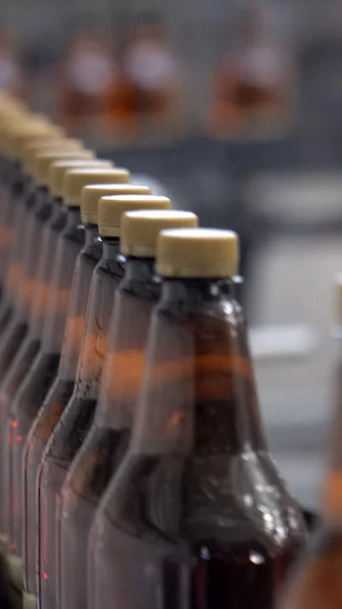 Beer cans are moving along the conveyor beltTechnological line for bottling of Stock Footage 310632558