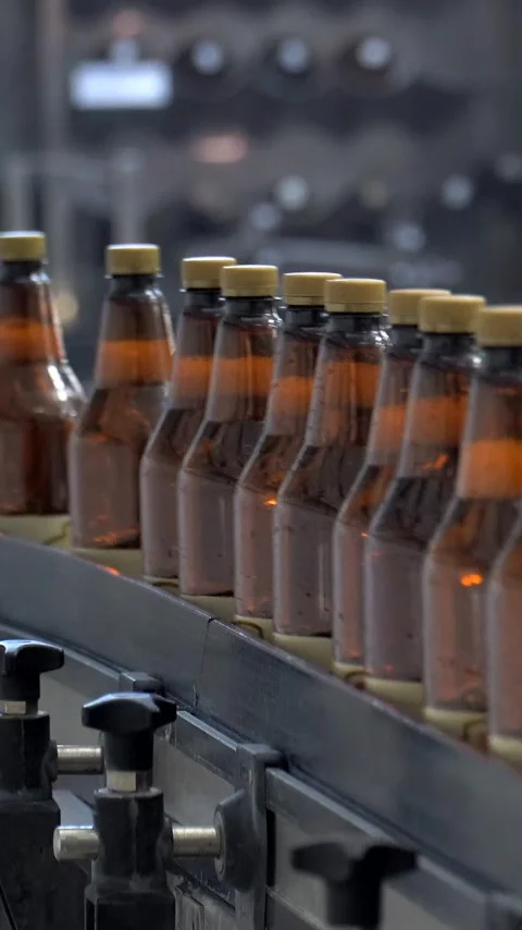 Beer cans are moving along the conveyor beltTechnological line for bottling of Stock Footage 310632559