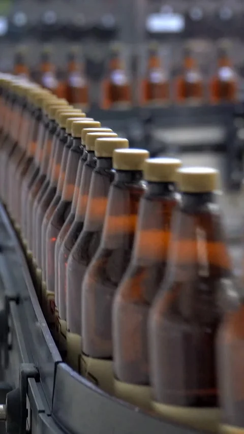 Beer cans are moving along the conveyor beltTechnological line for bottling of Stock Footage 310632575