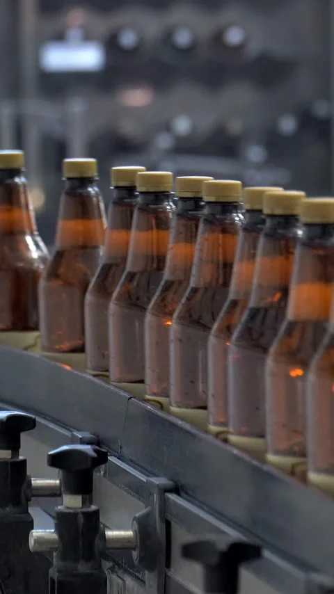 Beer cans are moving along the conveyor beltTechnological line for bottling of Stock Footage 310632580